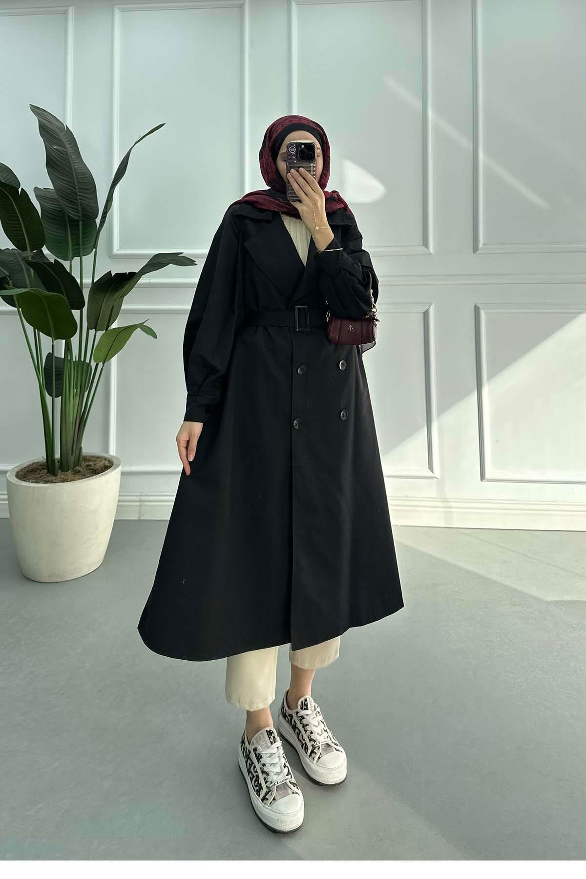 Sare Fashion Belted Lined Trench Coat Black Sare Fashion Belted Lined Trench Coat Black