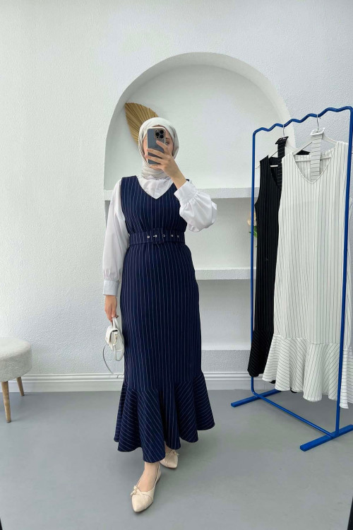 Belted Striped Vest Navy Blue