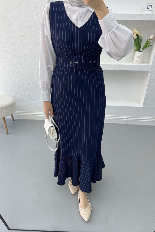 Belted Striped Vest Navy Blue