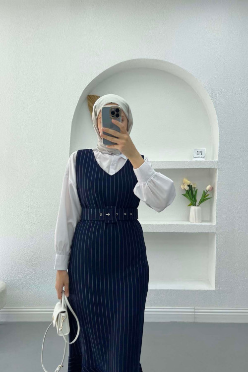 Belted Striped Vest Navy Blue