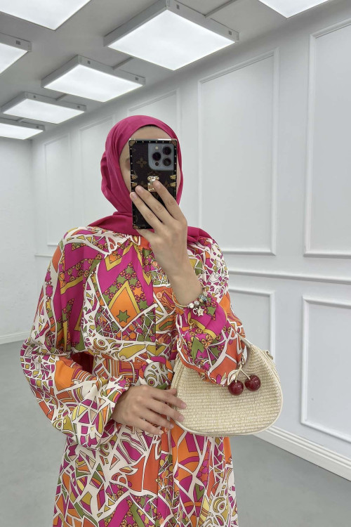 Sare Fashion Belted Patterned Viscose Dress in Multicolor