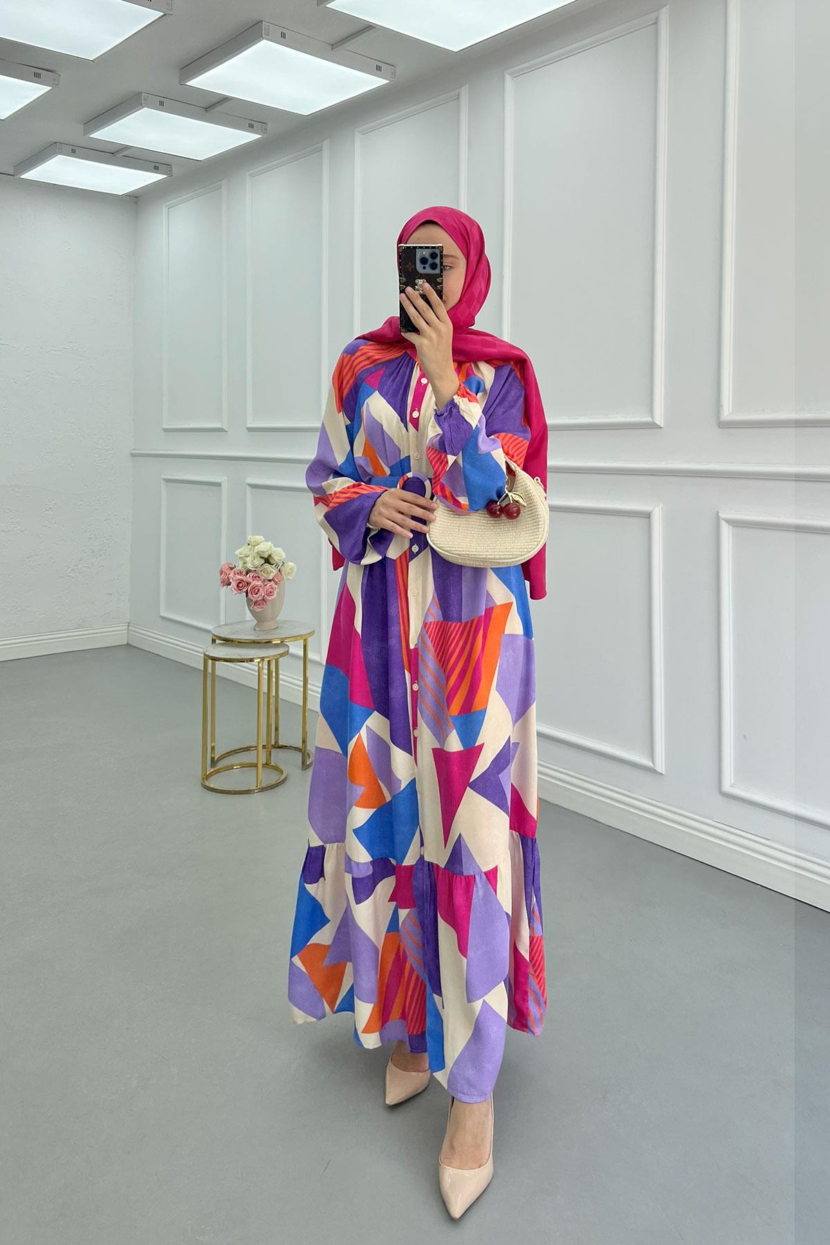 Sare Fashion Belted Patterned Viscose Dress in Multicolor