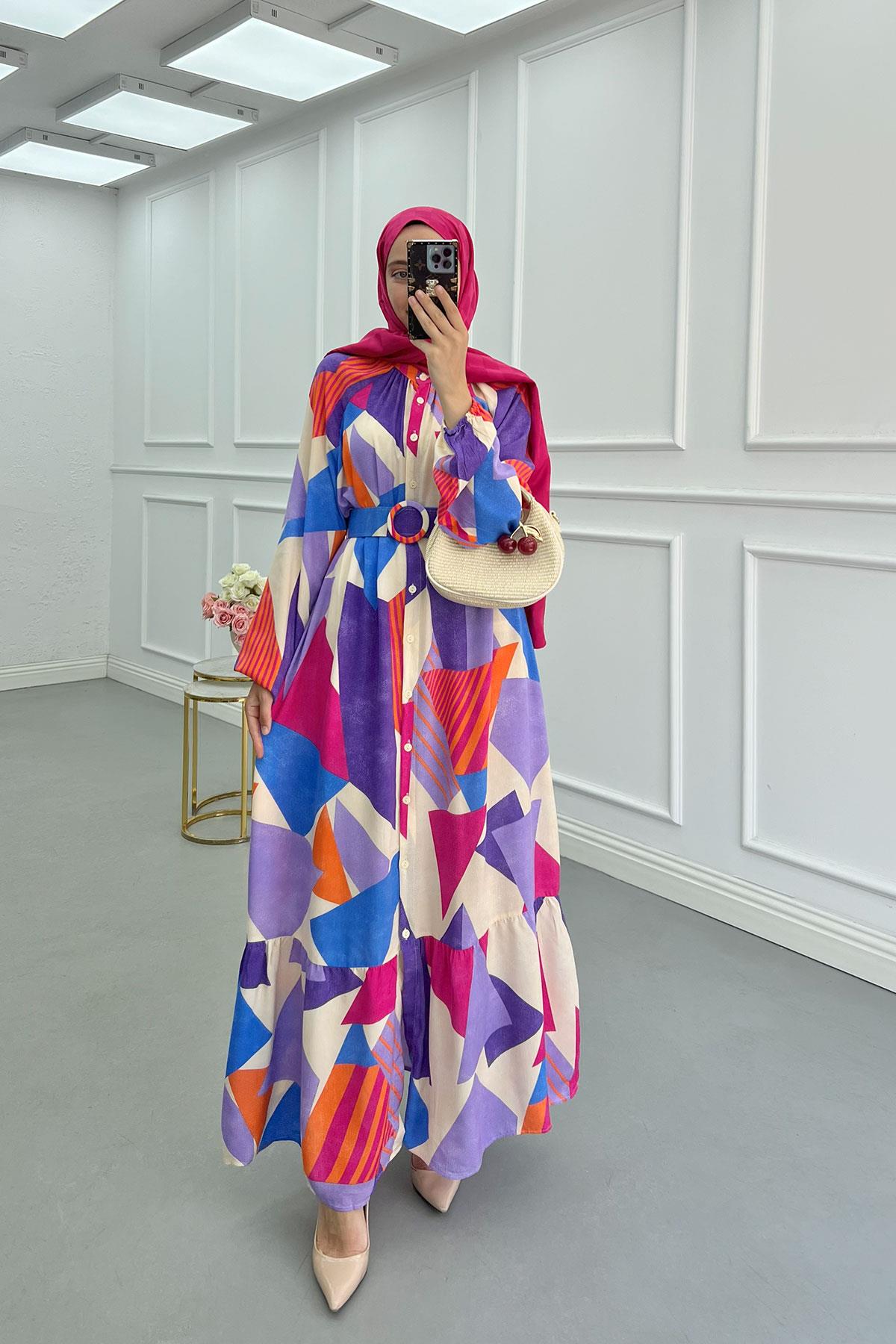 Sare Fashion Belted Patterned Viscose Dress in Multicolor
