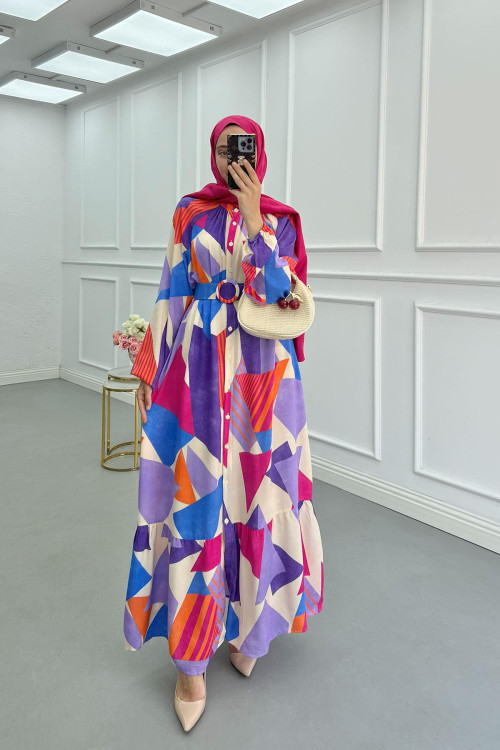Sare Fashion Belted Patterned Viscose Dress in Multicolor