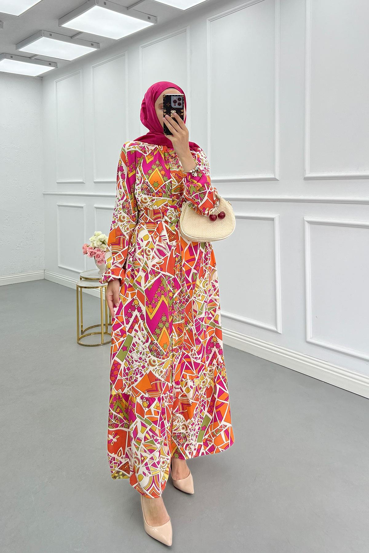 Sare Fashion Belted Patterned Viscose Dress in Multicolor