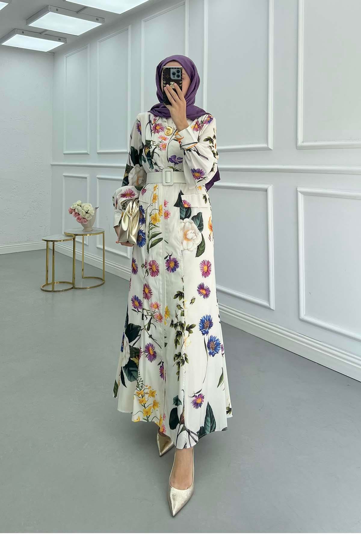 Sare Fashion Belted Zippered Dress Beige