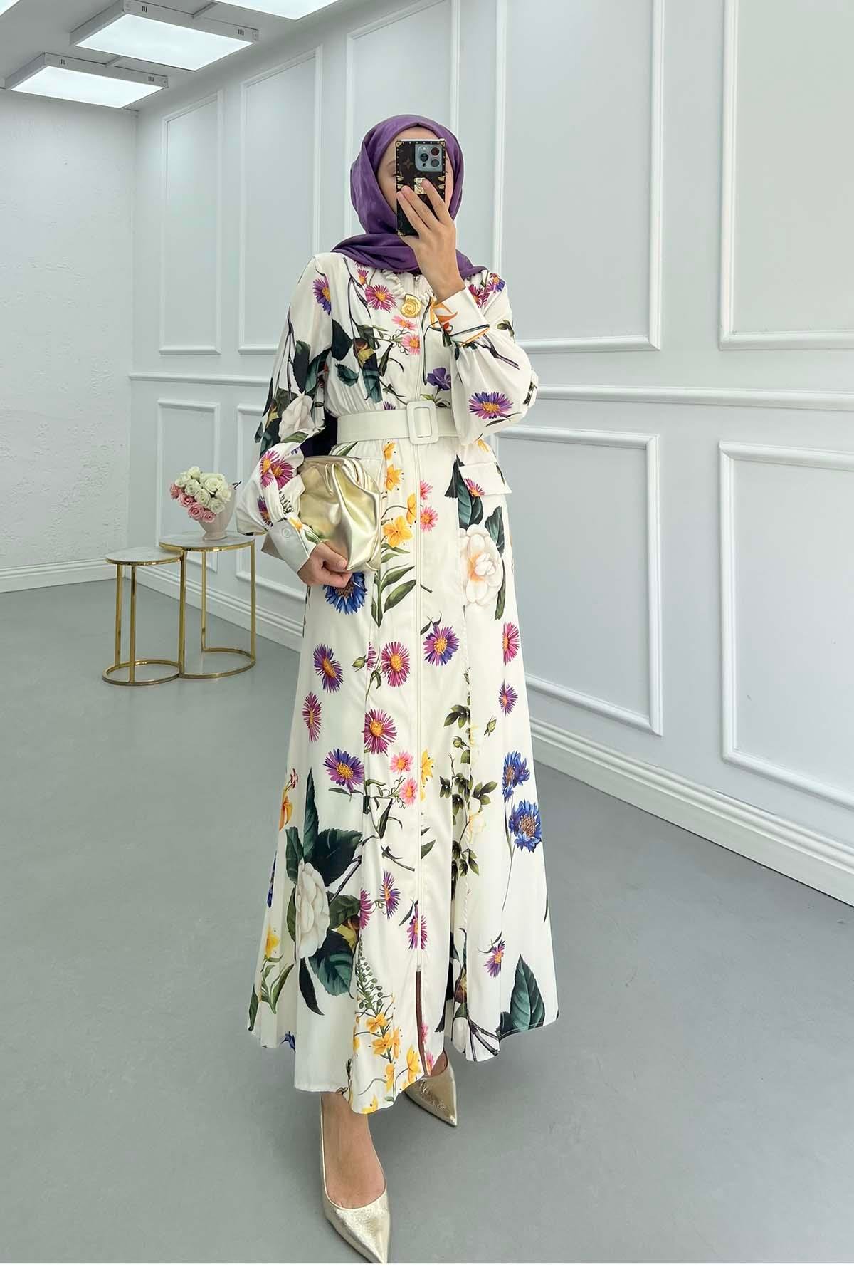 Sare Fashion Belted Zippered Dress Beige