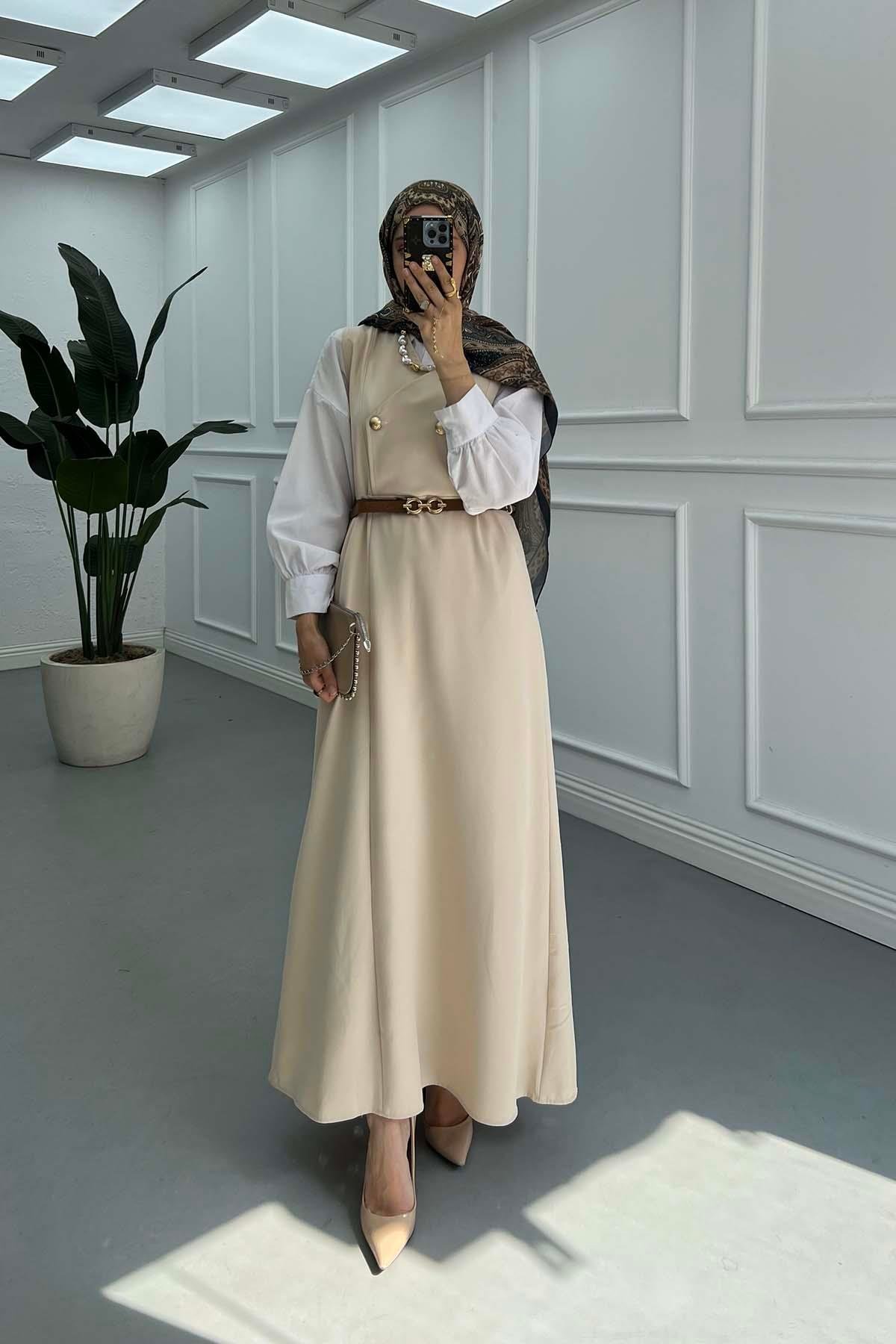 Sare Fashion Belted Sleeveless Dress Beige