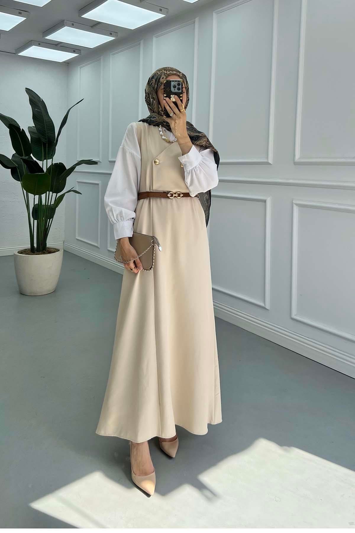 Sare Fashion Belted Sleeveless Dress Beige
