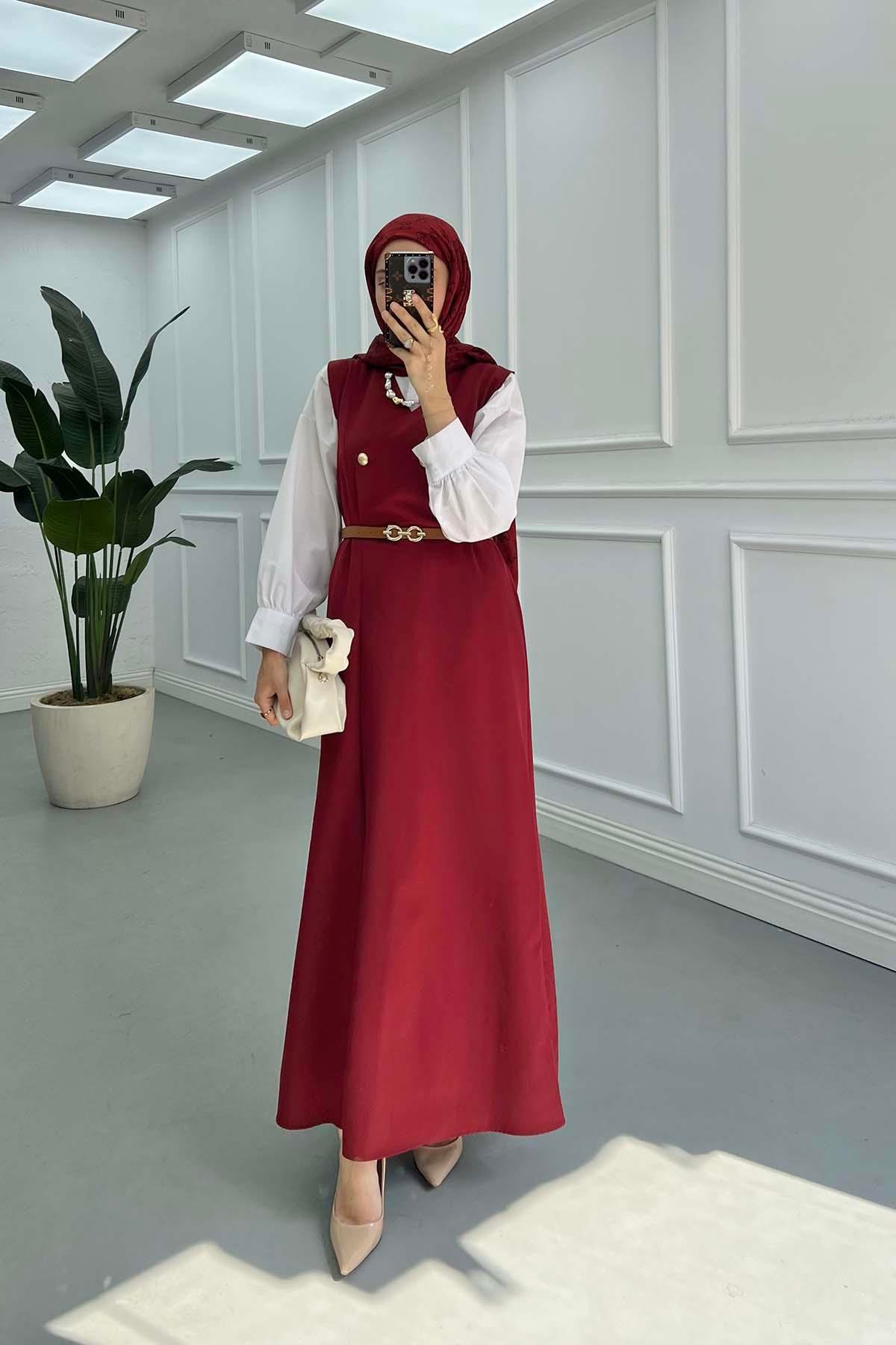 Sare Fashion Belted Sleeveless Dress Burgundy