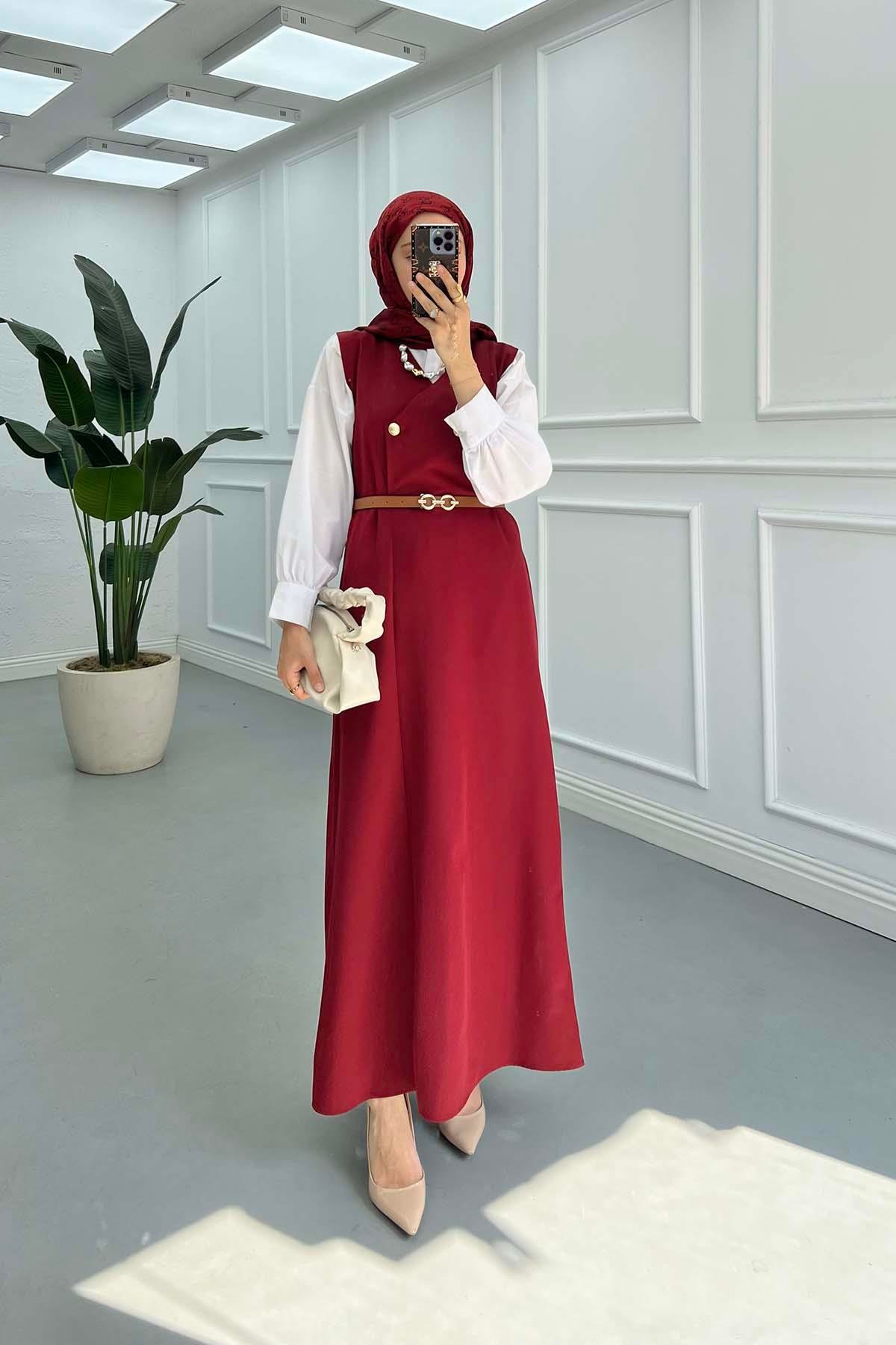 Sare Fashion Belted Sleeveless Dress Burgundy