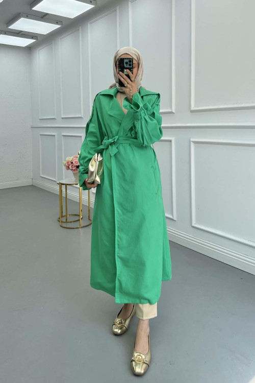 Sare Fashion Belted Denim Trench Coat Dark Green