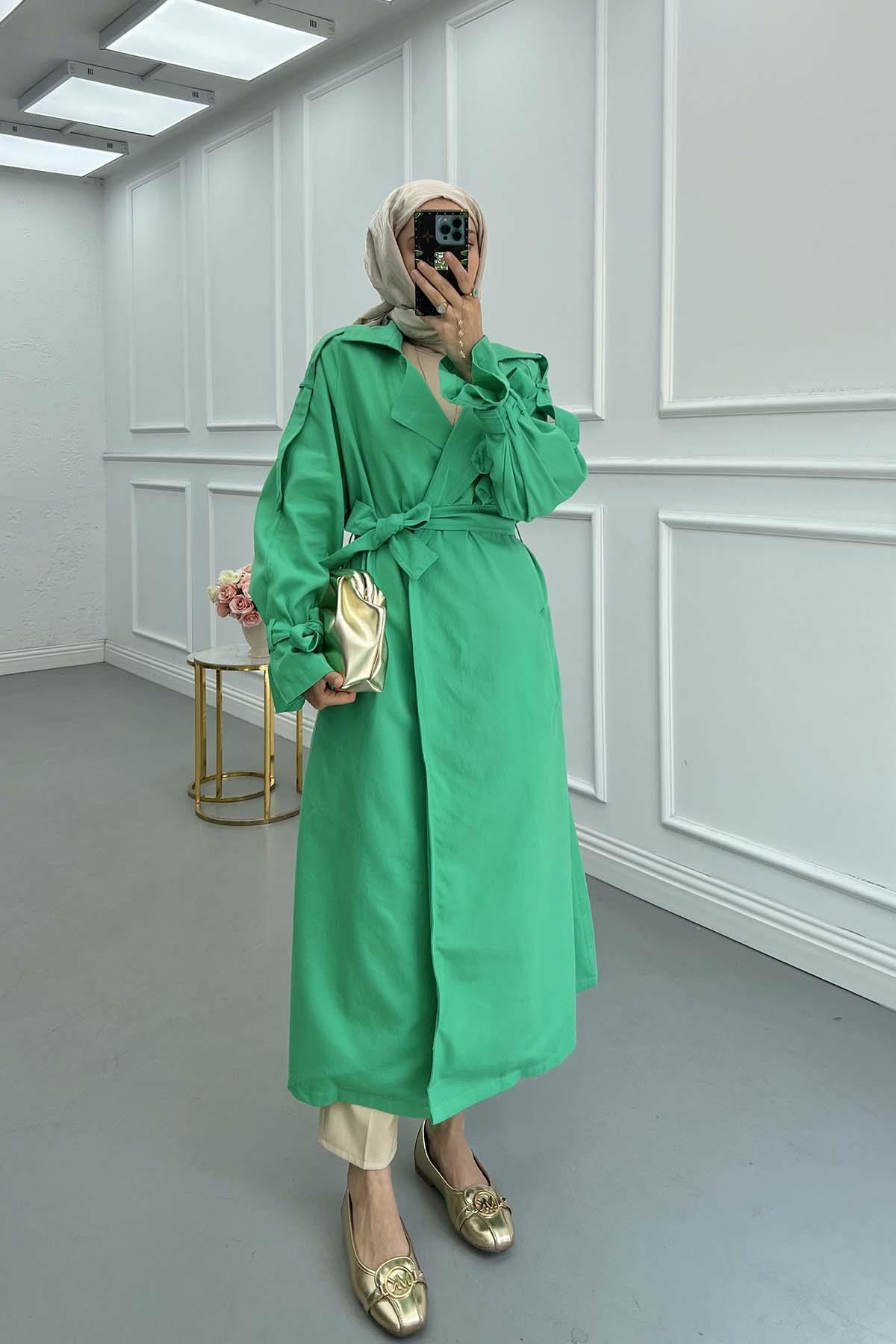 Sare Fashion Belted Denim Trench Coat Dark Green