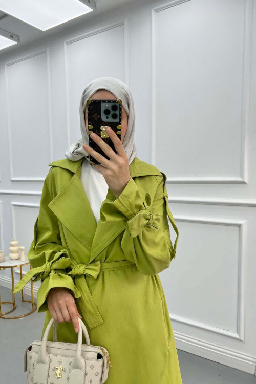 Belted Denim Trench Coat Green