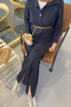 Sare Fashion Belted Leg Detailed Denim Shirt Set Navy Blue
