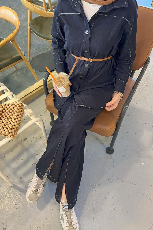 Sare Fashion Belted Leg Detailed Denim Shirt Set Navy Blue