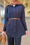 Sare Fashion Belted Leg Detailed Denim Shirt Set Navy Blue