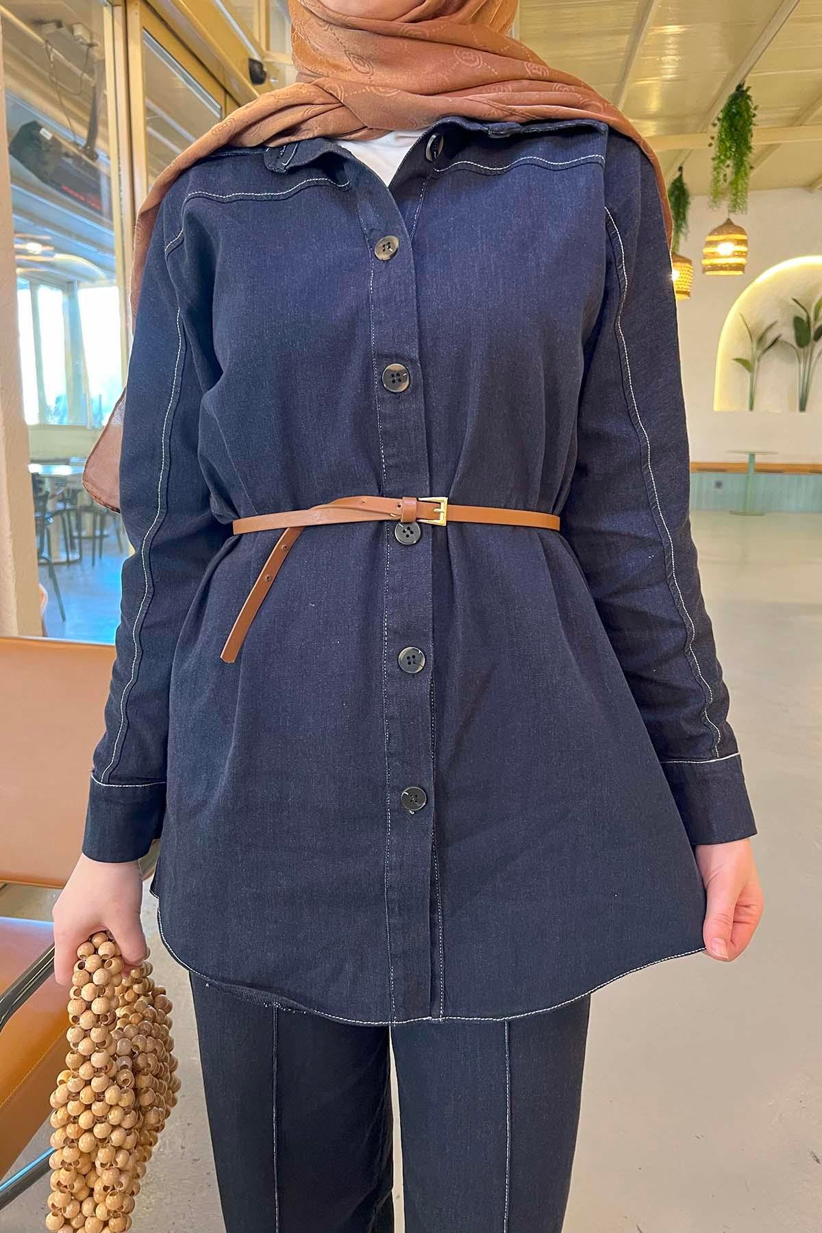 Sare Fashion Belted Leg Detailed Denim Shirt Set Navy Blue