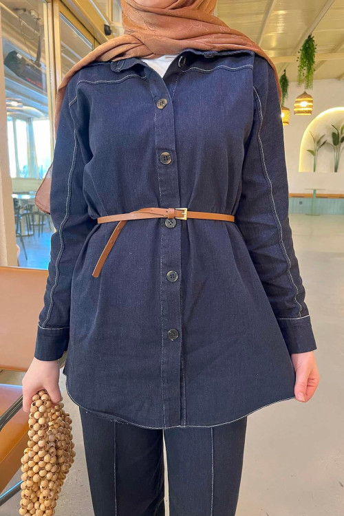 Sare Fashion Belted Leg Detailed Denim Shirt Set Navy Blue