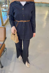 Sare Fashion Belted Leg Detailed Denim Shirt Set Navy Blue