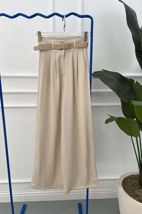 Sare Fashion Belted Palazzo Trousers Beige