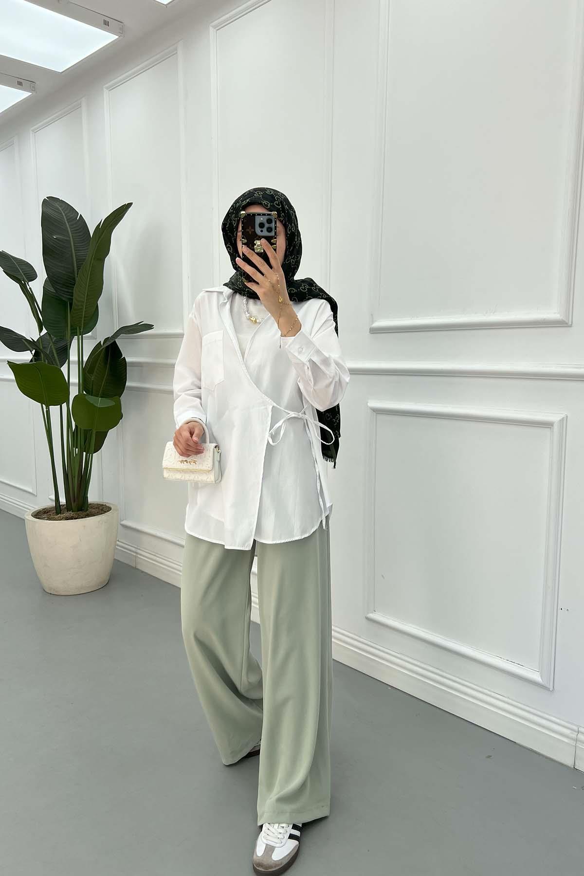 Sare Fashion Belted Palazzo Trousers Aqua Green