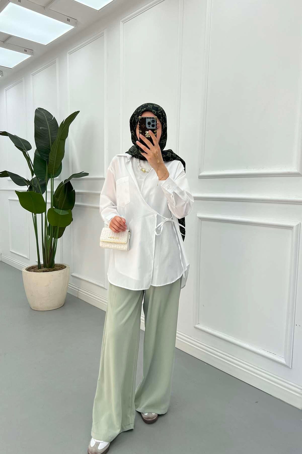 Sare Fashion Belted Palazzo Trousers Aqua Green