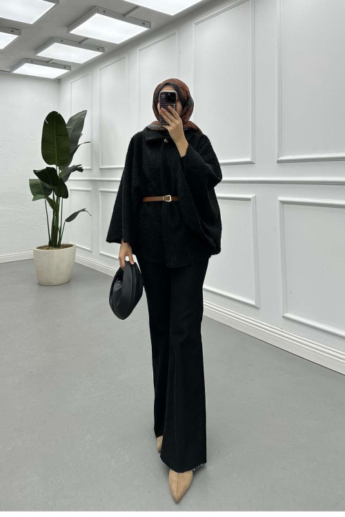 Sare Fashion Belted Poncho Coat Black Sare Fashion Belted Poncho Coat Black