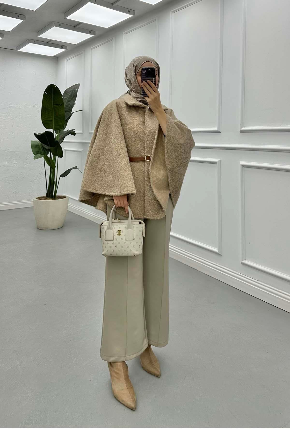 Sare Fashion Belted Poncho Coat Mink