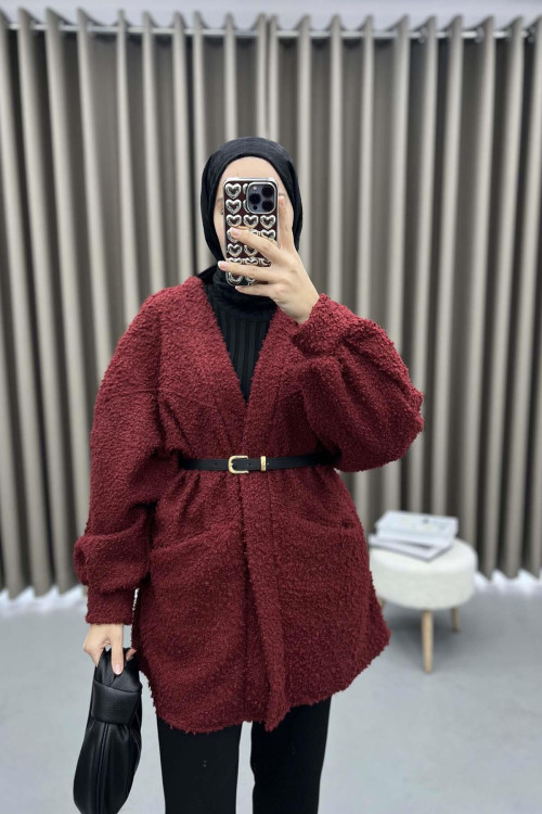 Belted Plush Jacket Claret Red