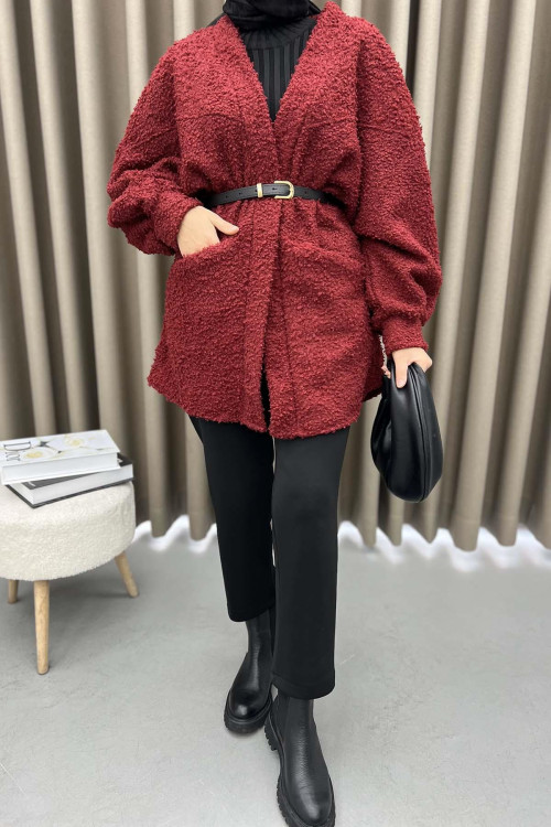Belted Plush Jacket Claret Red