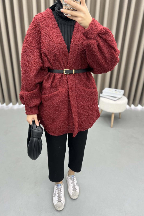 Belted Plush Jacket Claret Red