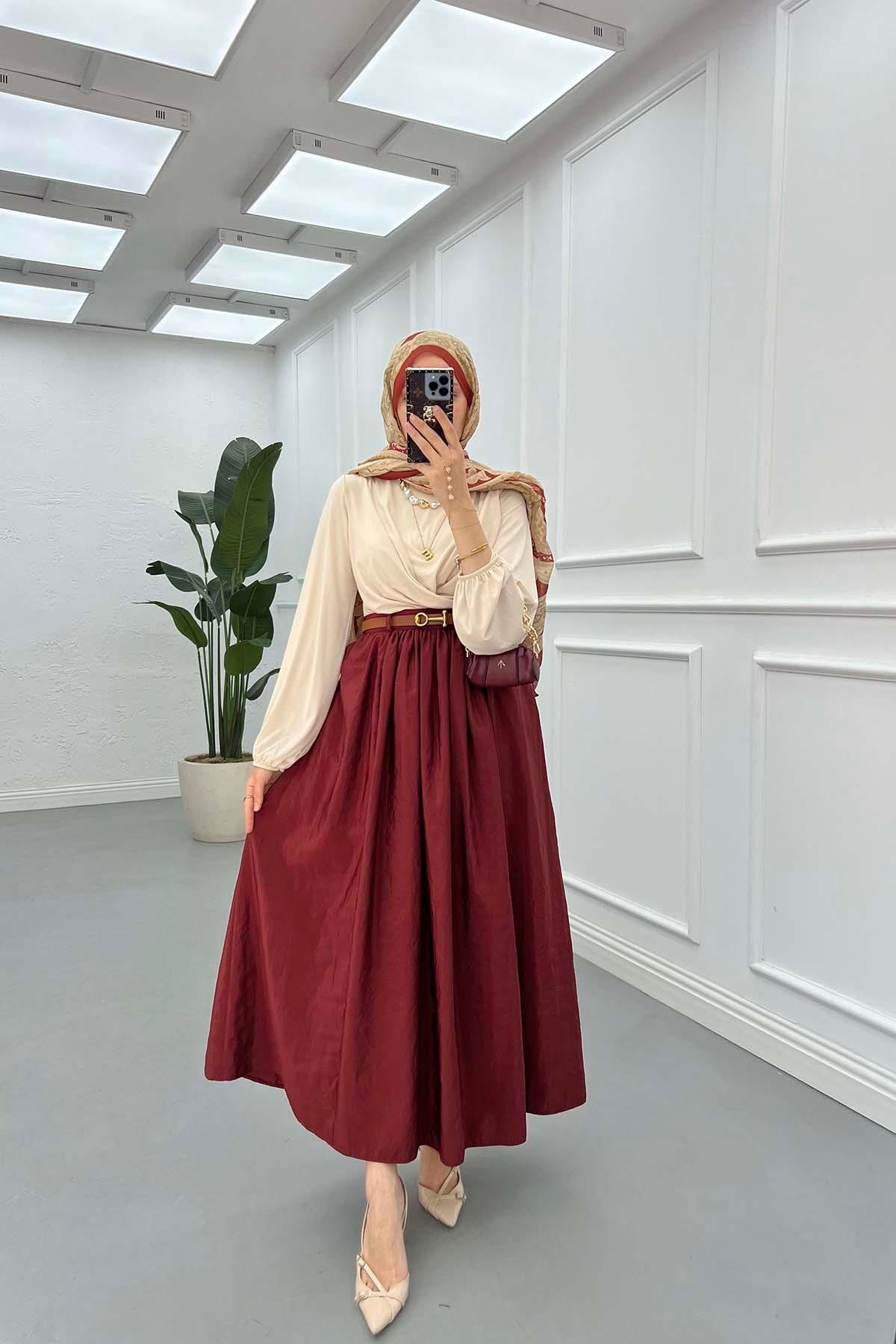 Sare Fashion Belted Pop Skirt Claret Red