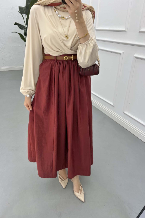 Sare Fashion Belted Pop Skirt Claret Red