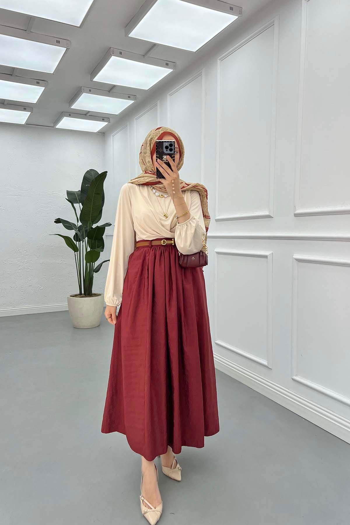 Sare Fashion Belted Pop Skirt Claret Red