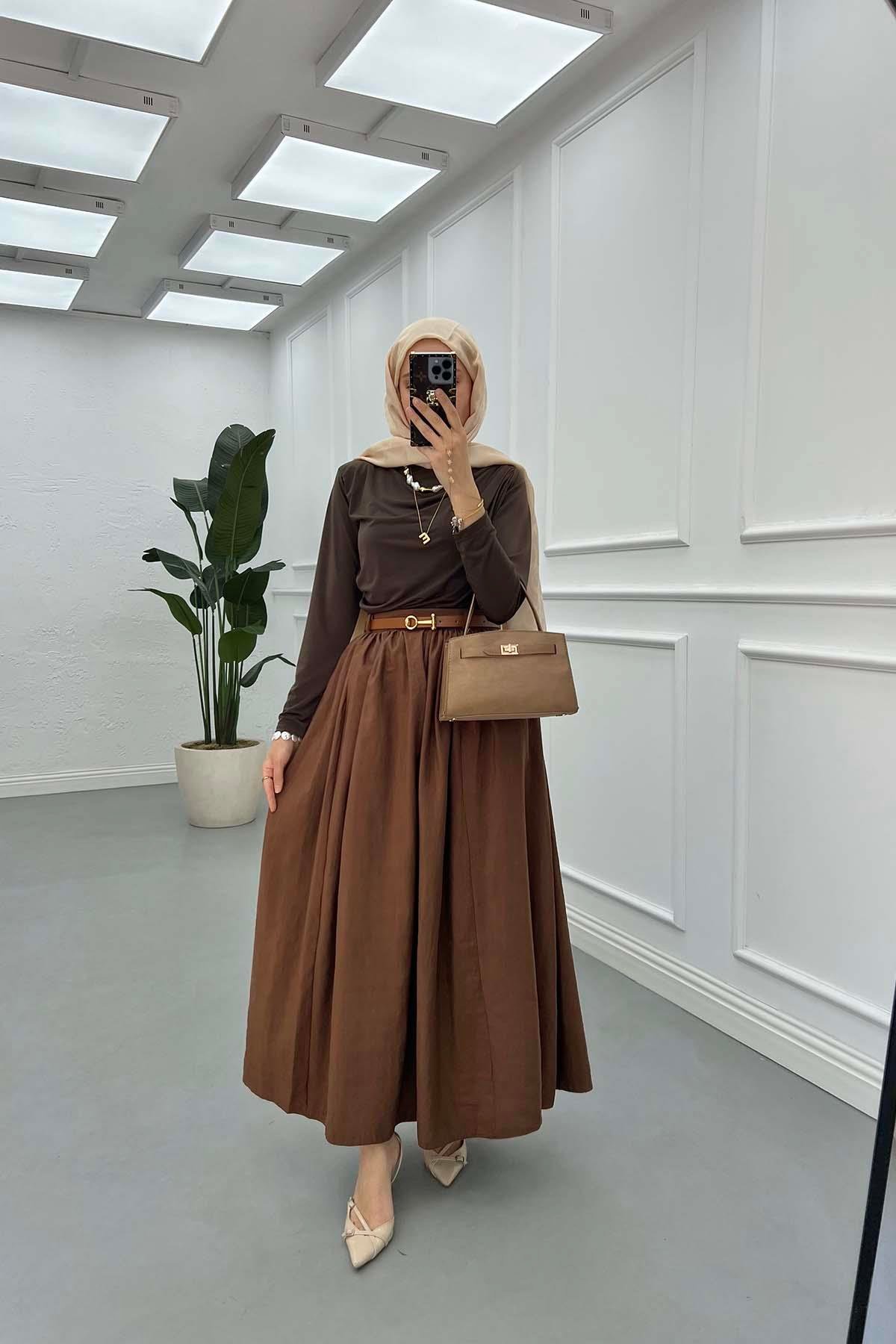 Sare Fashion Belted Pop Skirt Brown