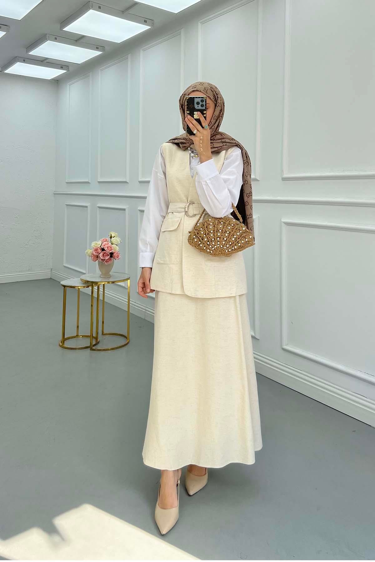 Sare Fashion Belted Vest Set Beige