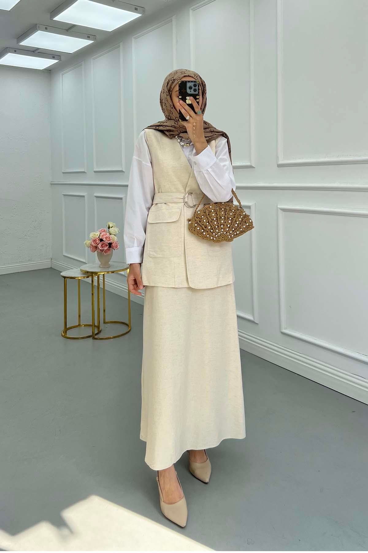 Sare Fashion Belted Vest Set Beige