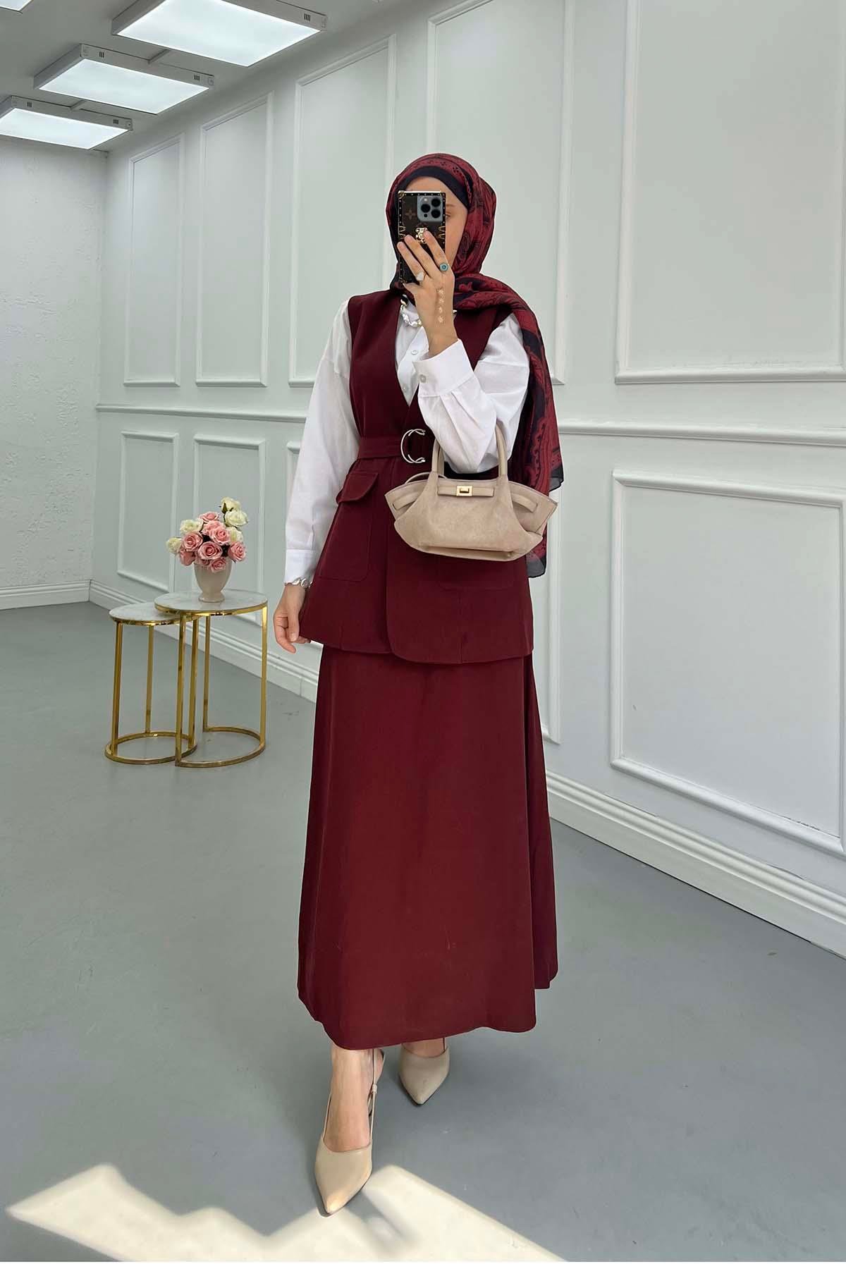 Sare Fashion Belted Vest Set Claret Red