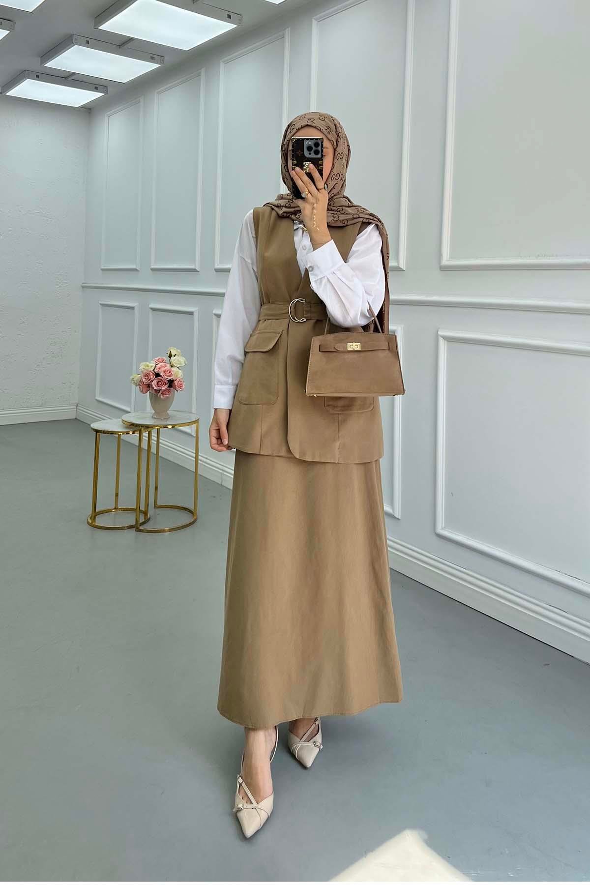 Sare Fashion Belted Vest Set Camel