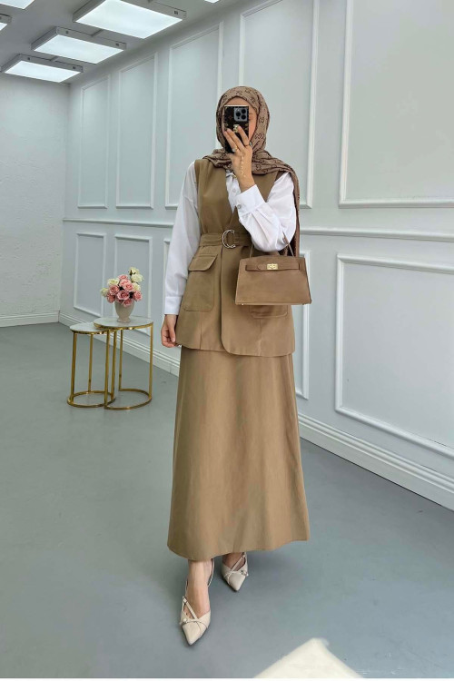 Sare Fashion Belted Vest Set Camel