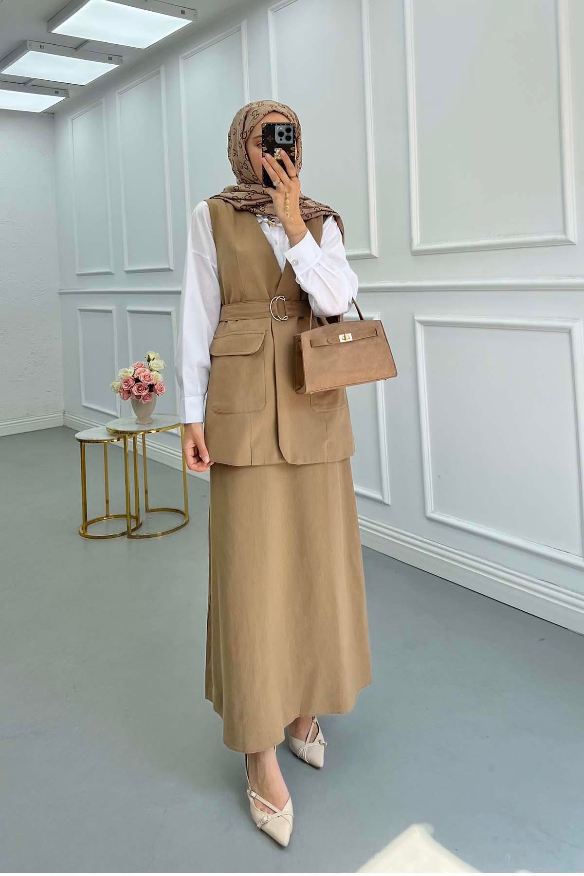 Sare Fashion Belted Vest Set Camel