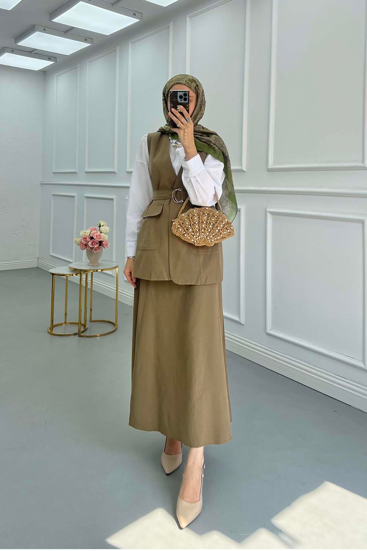 Sare Fashion Belted Vest Set Khaki