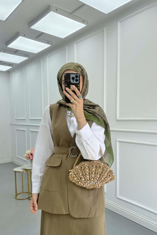 Sare Fashion Belted Vest Set Khaki