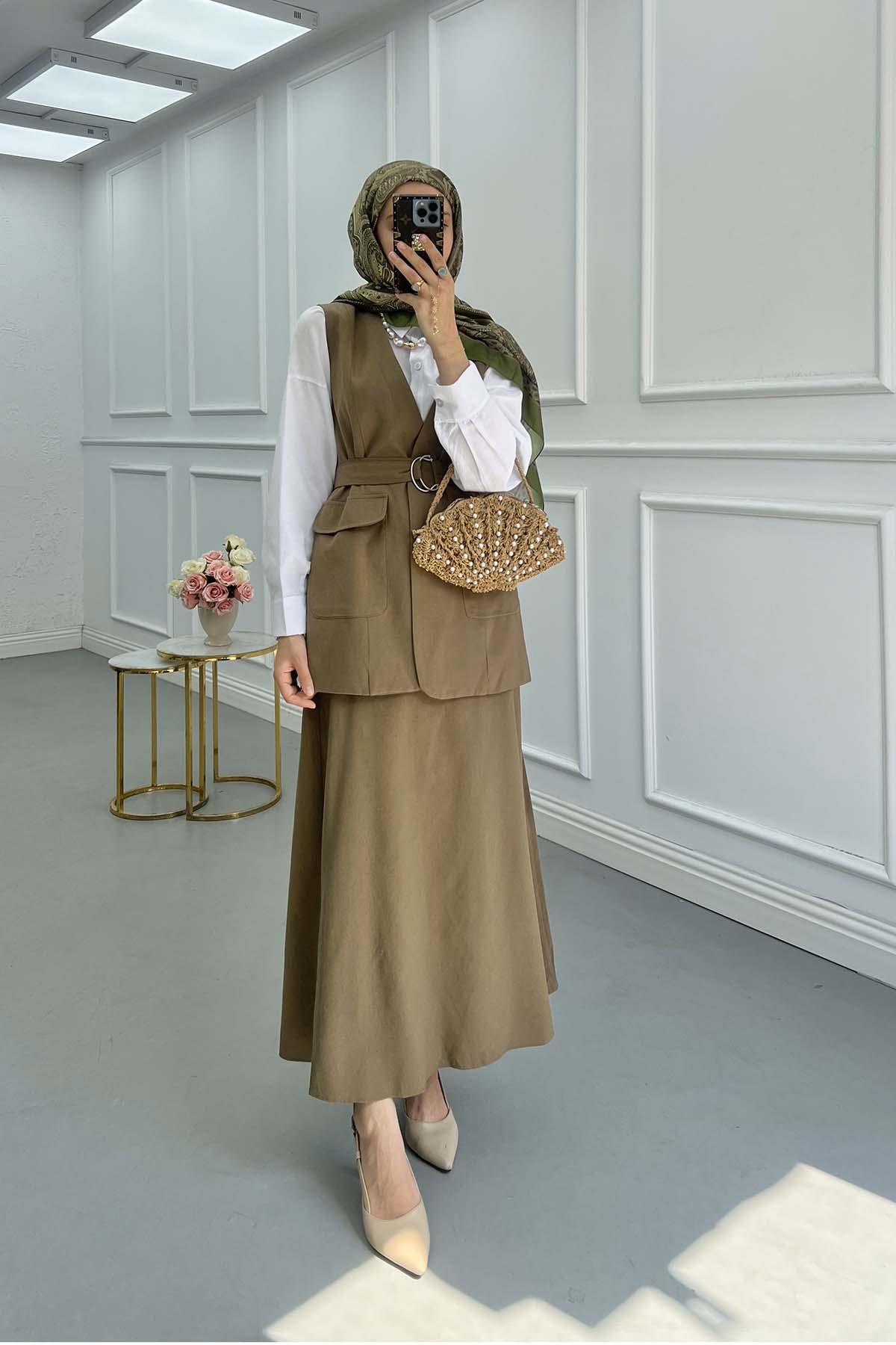 Sare Fashion Belted Vest Set Khaki