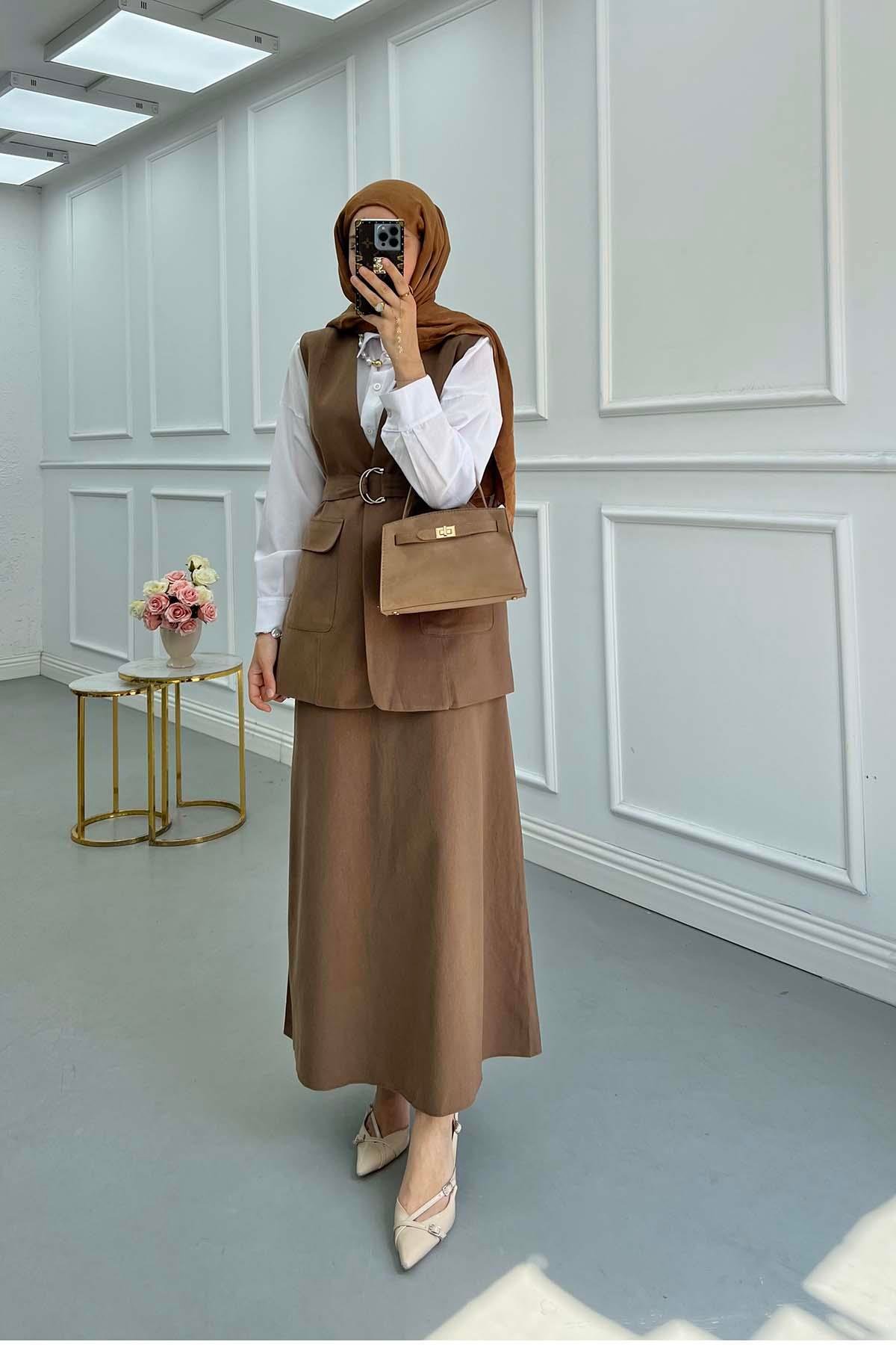 Sare Fashion Belted Vest Set Brown