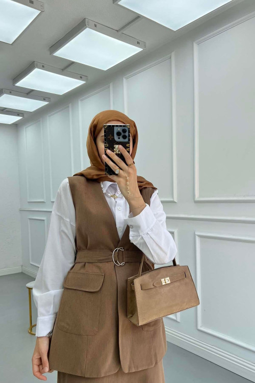 Sare Fashion Belted Vest Set Brown