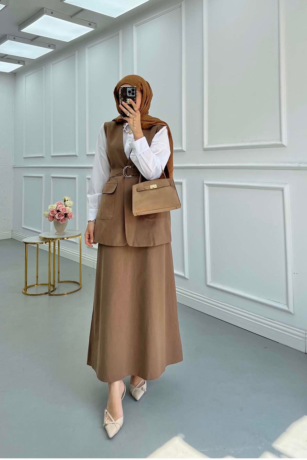 Sare Fashion Belted Vest Set Brown