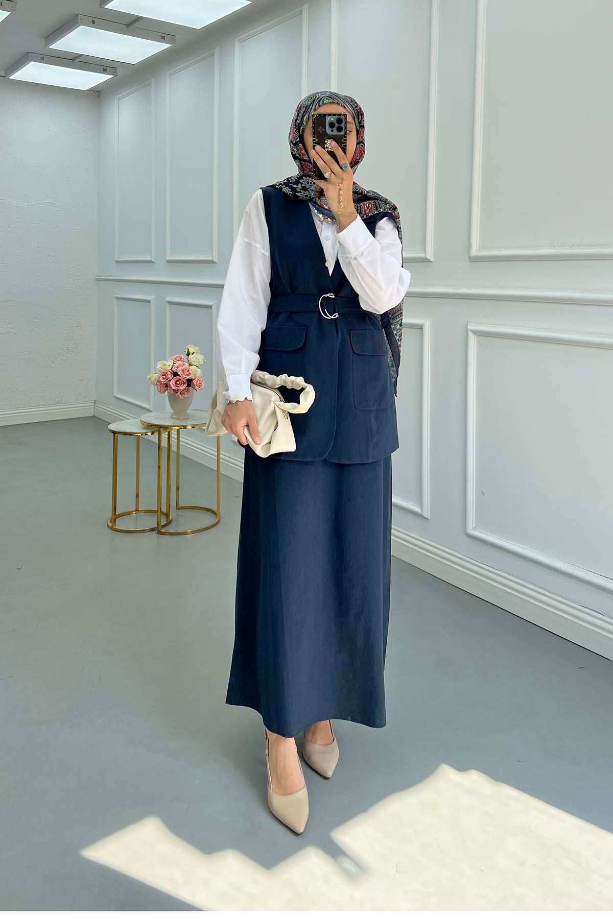 Sare Fashion Belted Vest Set Navy Blue