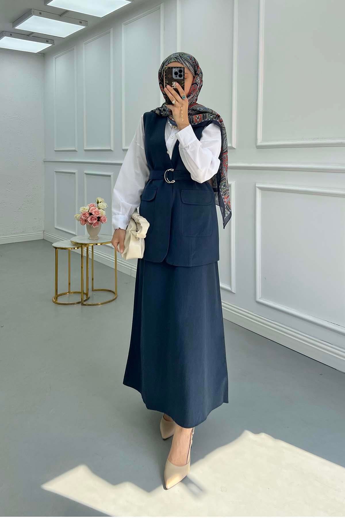Sare Fashion Belted Vest Set Navy Blue